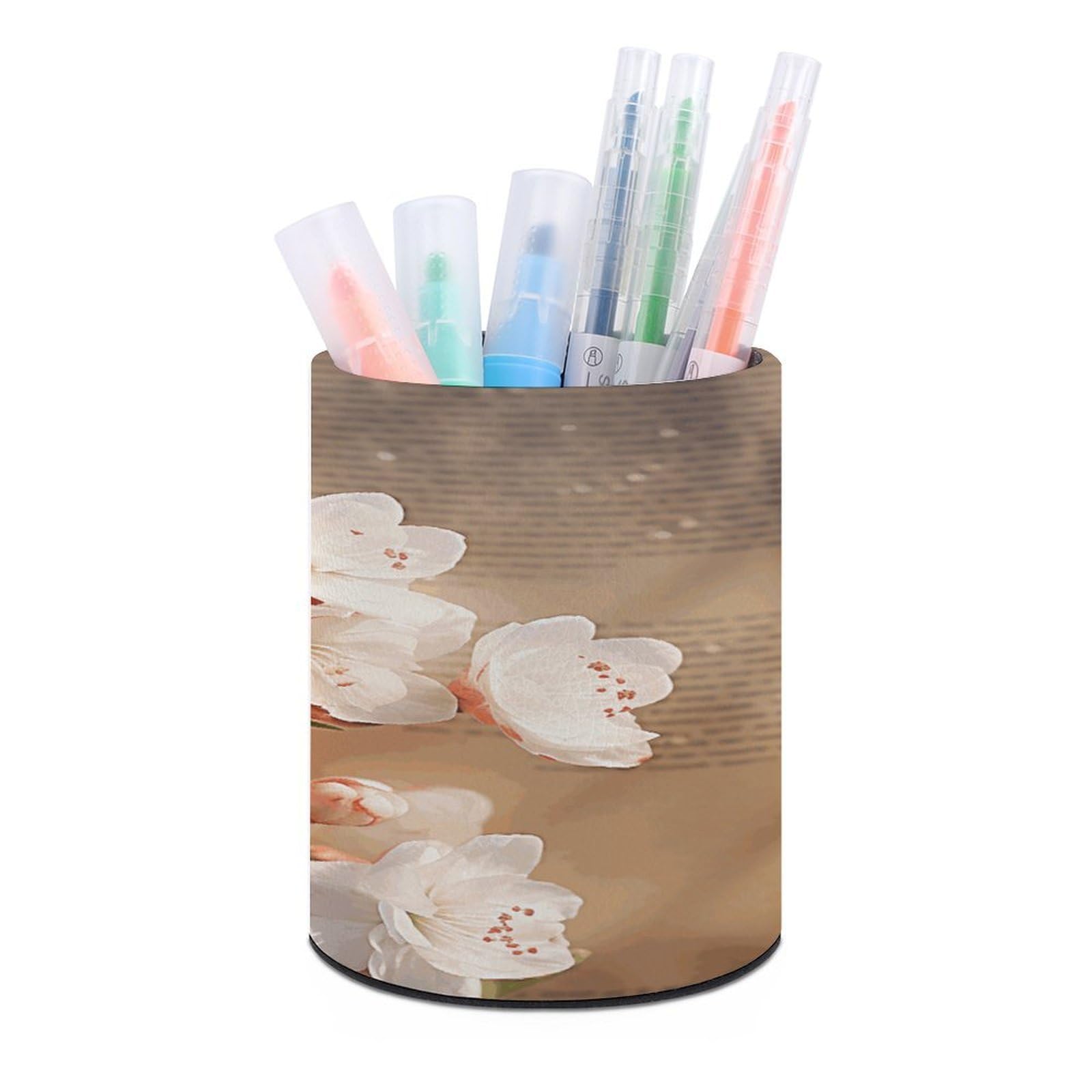 VstaDank - Round Peach Blossom Pen Holder Pencil Holder PU Leather Desk Organizer Stand for Desk Desk Decor Office