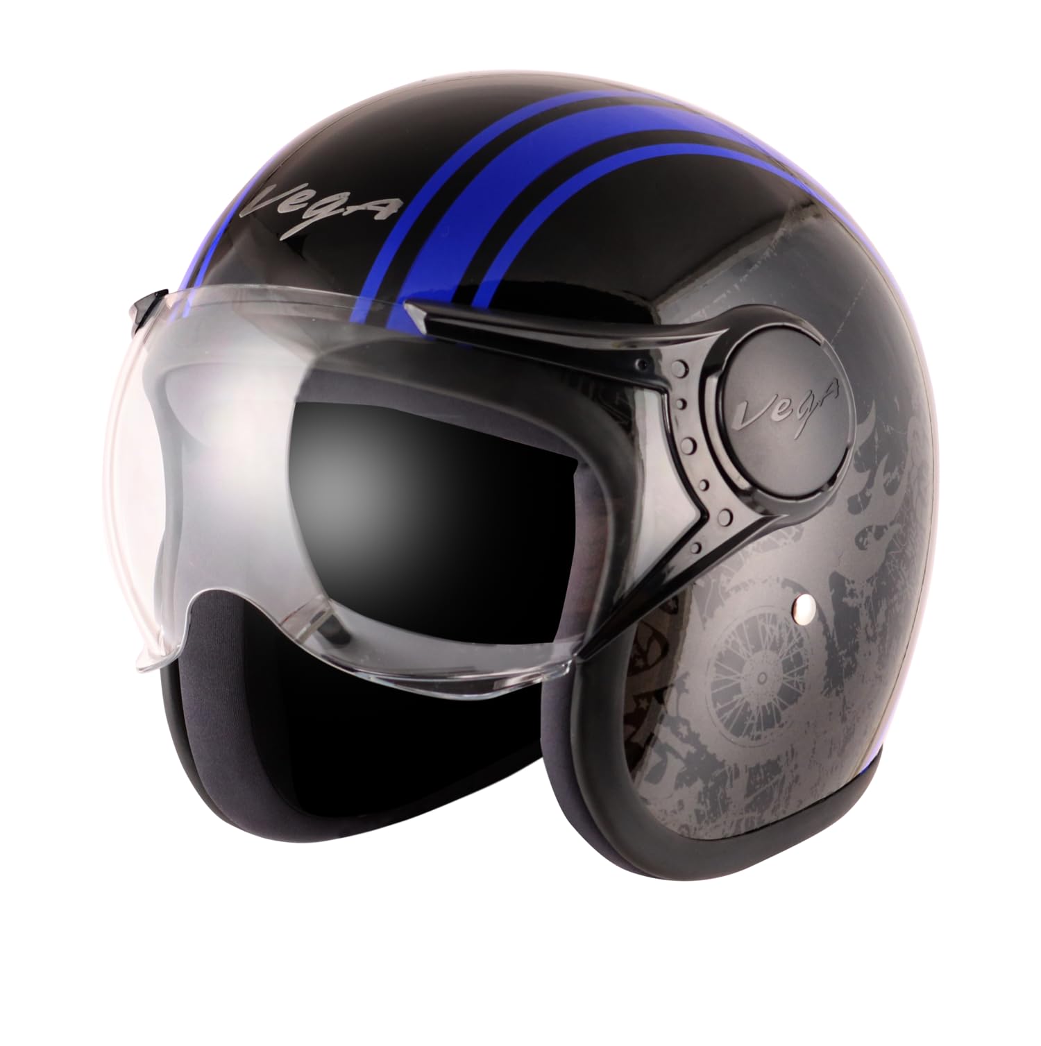 Vega Jet Old School ISI DOT Certified Gloss Finish Open Face Helmet for Men and Women with Clear Visor(Black Blue, Size:L)-image-19