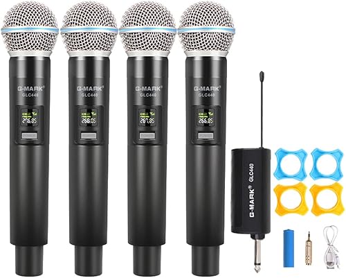 G-MARK Micrófono inalámbrico, sistema de micrófono dinámico inalámbrico VHF Metal 4 de mano con receptor recargable, para karaoke, boda, DJ, fiesta,