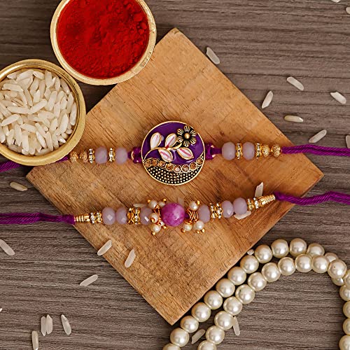 Image of eCraftIndia Set of 2 Purple Floral & Pearl Designer Rakhis for Brothers with Zuzy Almond Chocolate Box, Roli Chawal Pack, Raksha Bandhan Greeting Card