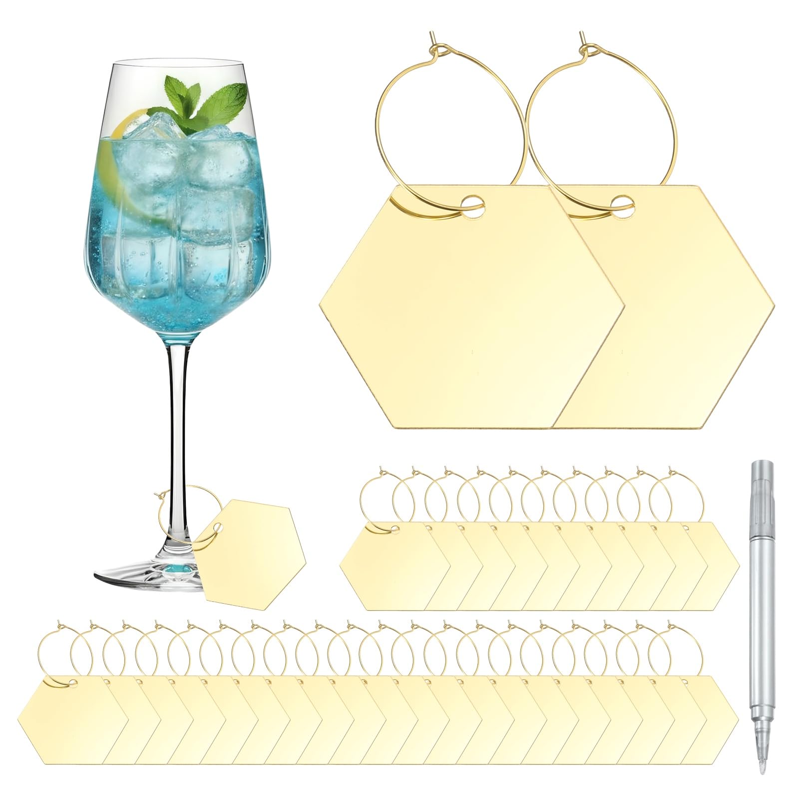 sourcing map 40 Pcs Wine Glass Charm with Ring Tags, Drink Glass Identifiers Acrylic Keychain Blanks with Gold Marker for Stem Glasses Wedding Party Birthday DIY Craft, Gold Hexagonal