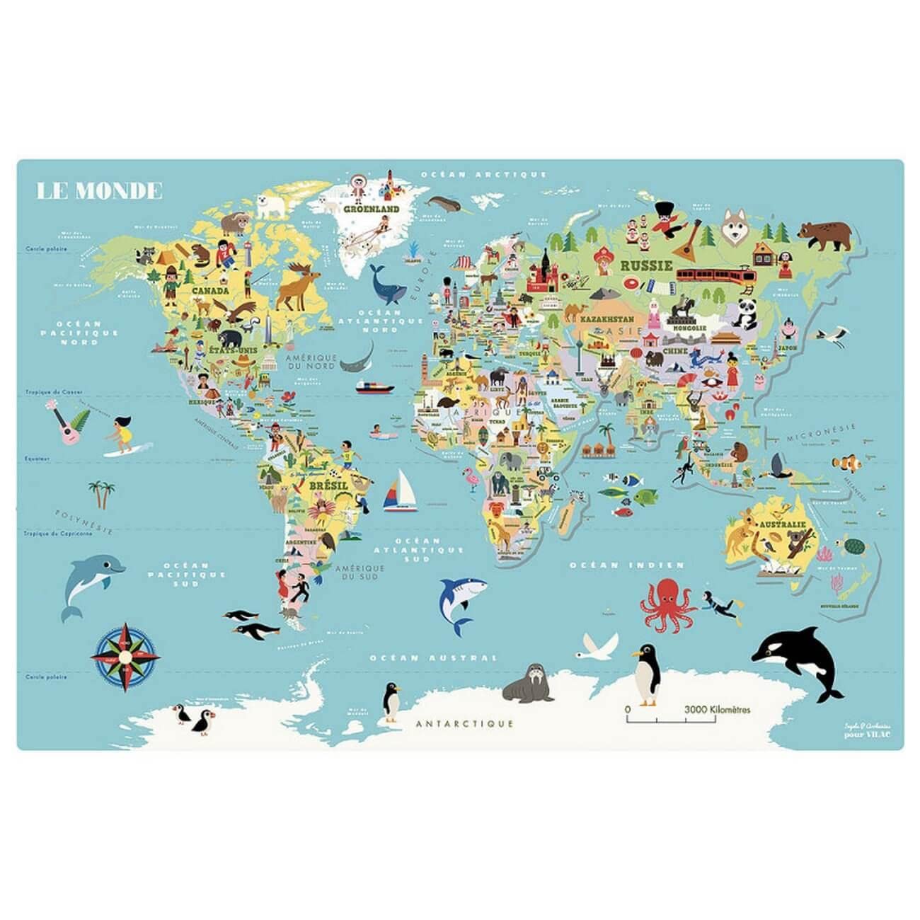 Vilac Puzzle Mappa Del Mondo 500 Pezzi - Illustrazione Ingela P. Arrhenius - 92x62 Cm - Gioco Educativo Per Bambini Da 8 Anni