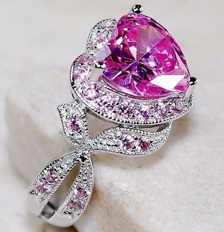 925 Sterling Silver Heart Crystal Ring for Women, Fashion Cubic Zirconia Heart Birthstone Ring, CZ Diamond Bridal Halo Engagement Wedding Pink Crystal Jewelry Gift Jewelry-Making-Patterns 103
