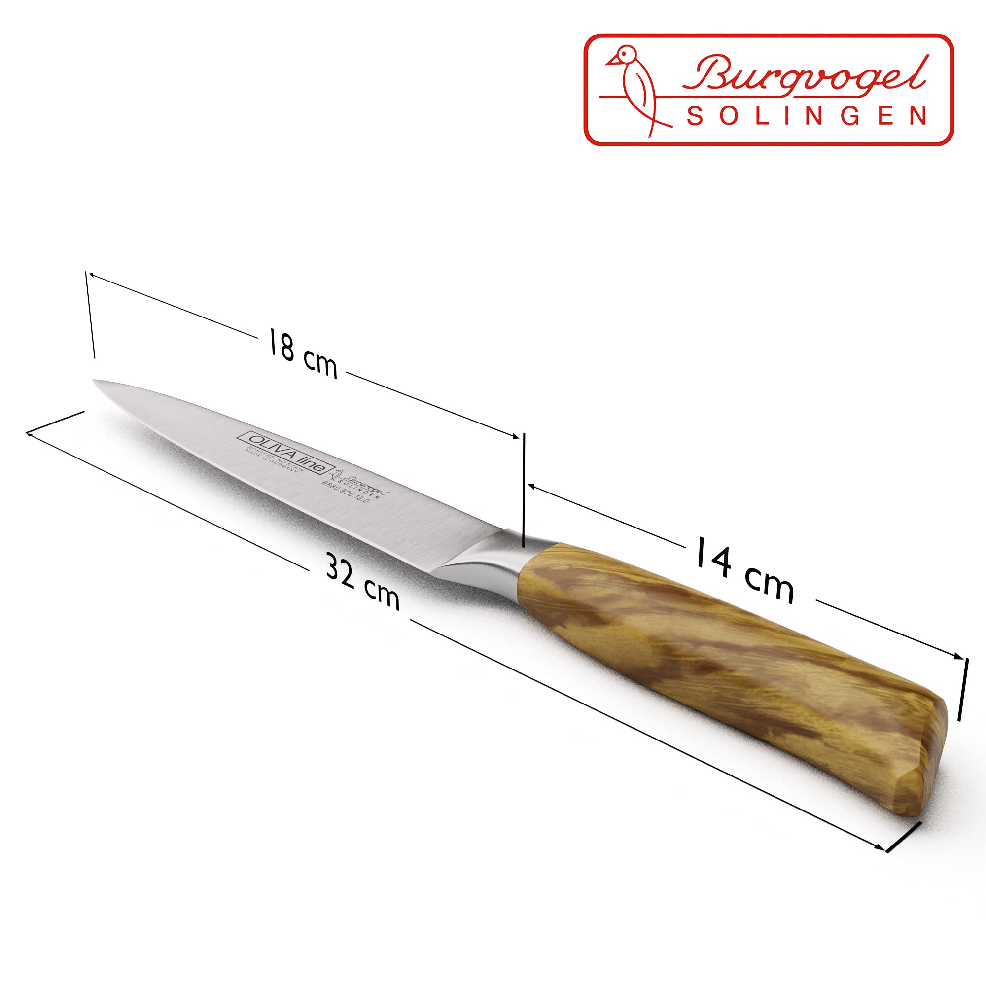 Burgvogel Solingen Tranchiermesser geschmiedet Olivenholz, Oliva Line, rostfrei, deutsches Aufschnittmesser, hell, scharf Schinkenmesser Olivia Line (7 Zoll = 18cm) braun beige