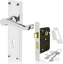 HANDLESTORE Victorian Scroll Locking Lever Door Handle on Backplate – Polished Chrome Interior Handles with 2.5" Mortice Sash Lock & Screws (Pair)