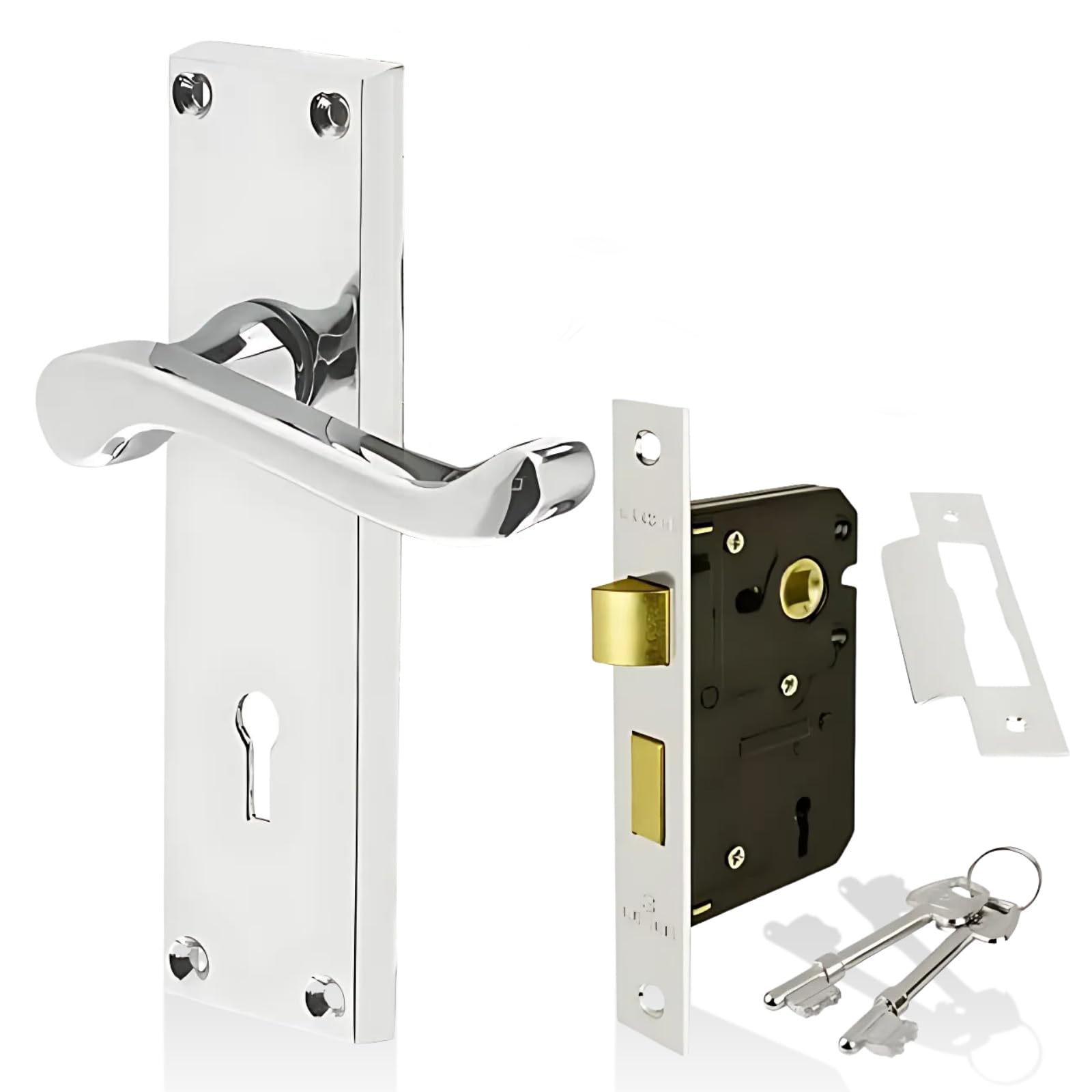 HANDLESTORE Victorian Scroll Locking Lever Door Handle on Backplate – Polished Chrome Interior Handles with 2.5" Mortice Sash Lock & Screws (Pair)