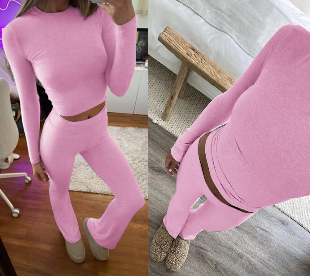 ZFLM Casual Workout Two Piece Outfits Long Sleeve High Waist Fold-Over Flared Leggings Pants Tracksuit Sets Streetwear - Image 4