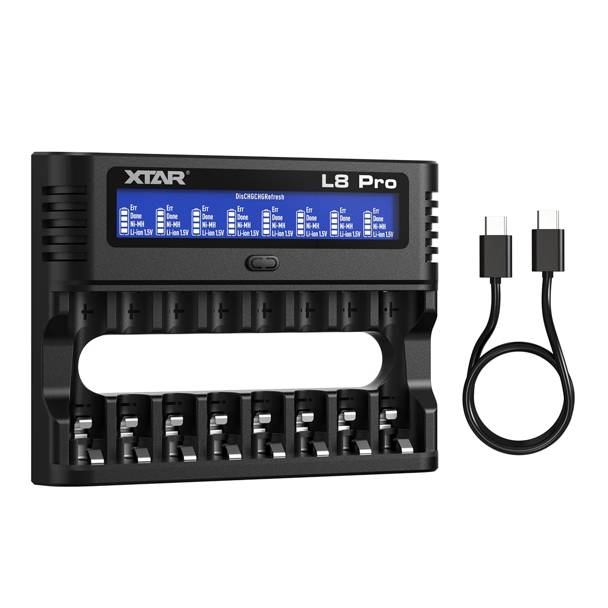 XTAR L8 Pro 8-Fach Ladegerät für AA/AAA 1,2V NiMH und 1,5V Li-Ion, USB-C Smart-Ladegerät mit LCD-Display, 8 Einzelschächte mit Refresh- und Reparaturfunktion