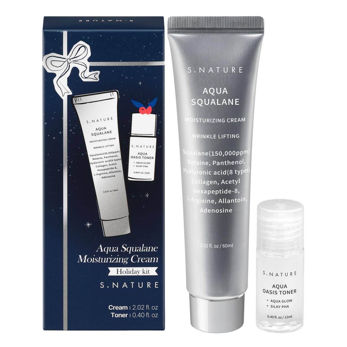 S.NATURE Limited Holiday Gift Set for Hydration & Glass Skin | Aqua Squalane Cream 60ml + Aqua Oasis Toner 12ml | Korean Skin Care Set | Stocking Stuffers | Amazon Exclusive