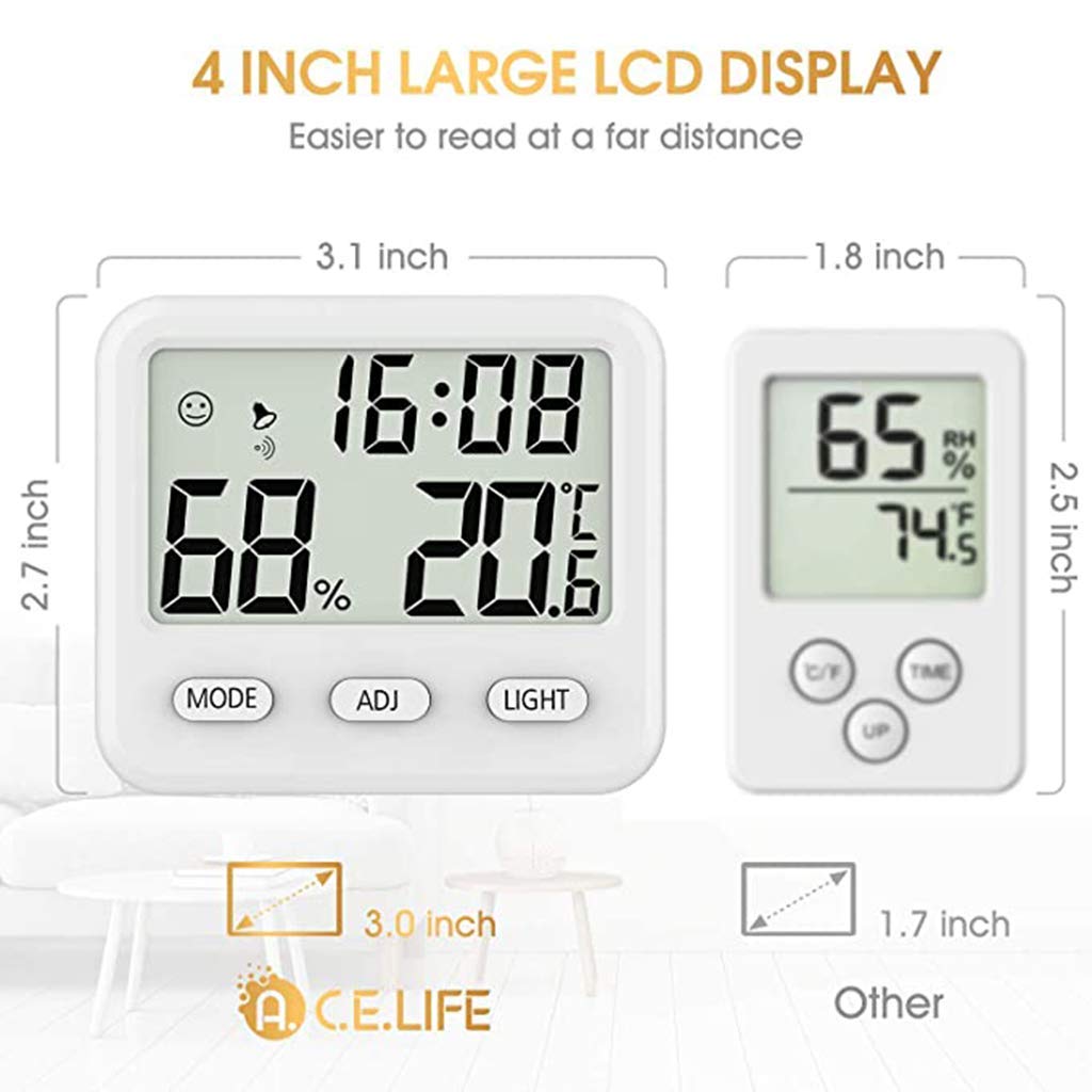 Termometro e igrometro Digitale per Interni Domestici, igrometro Digitale, Orologio e Display dell'ora integrati, misuratore di monitoraggio accurato per casa, Ufficio, Serra, Bianco (Giallo)