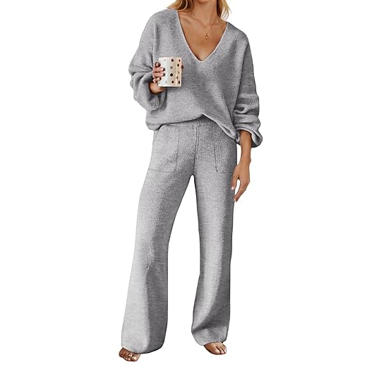 MEROKEETY Womens Loose Fall Pajama Set Long Sleeve Pullover Sweater and Pants Loungewear with Pocekts,LightGrey,S