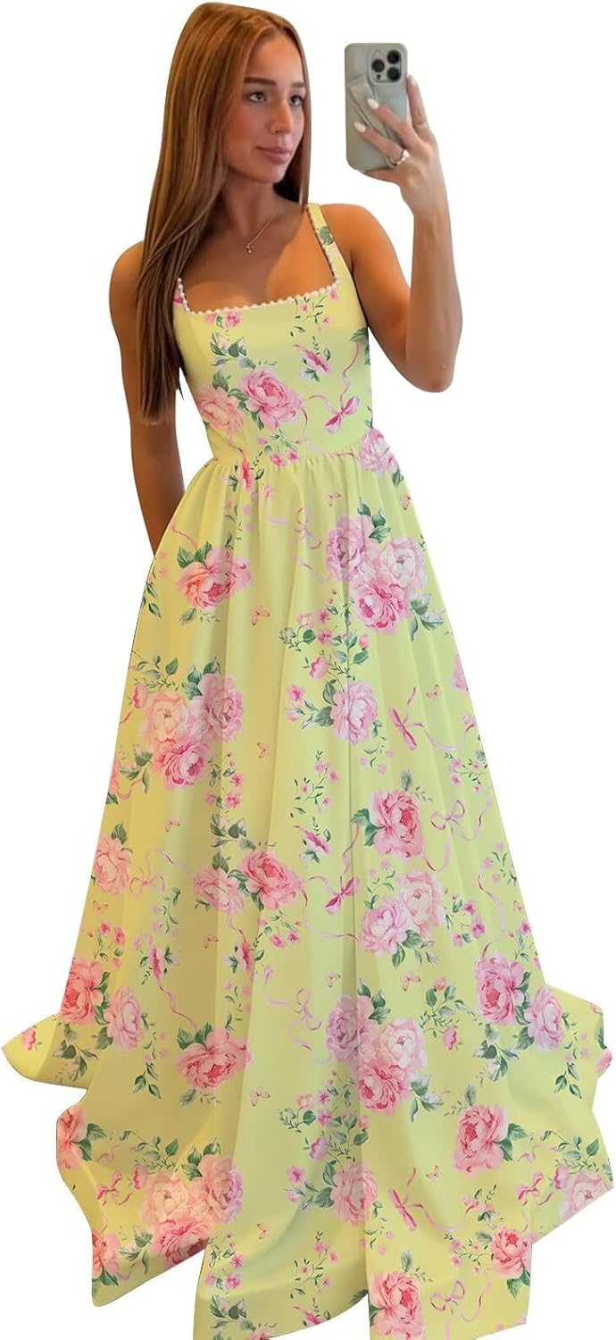 Smileven Floral Satin Long Prom Dresses for Women Pearl Formal Evening Party Gowns with Slit