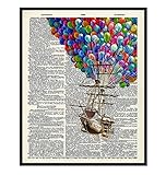 Ship Sailing with Balloons - Wall Art Print on Dictionary Photo - Great Gift for Hot Air Balloon Enthusiasts - Steampunk Chic Home Decor - Colorful - Ready to Frame (8x10) Vintage Photo
