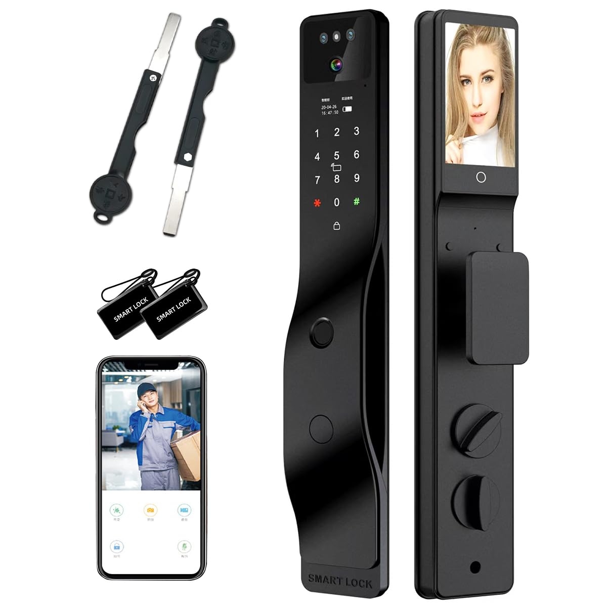 Sophies Serrure de porte intelligente avec caméra, serrure intelligente Wi-Fi entièrement automatique, reconnaissance faciale 3D, biométrie intelligente, empreintes digitales (verrouillage intelligent