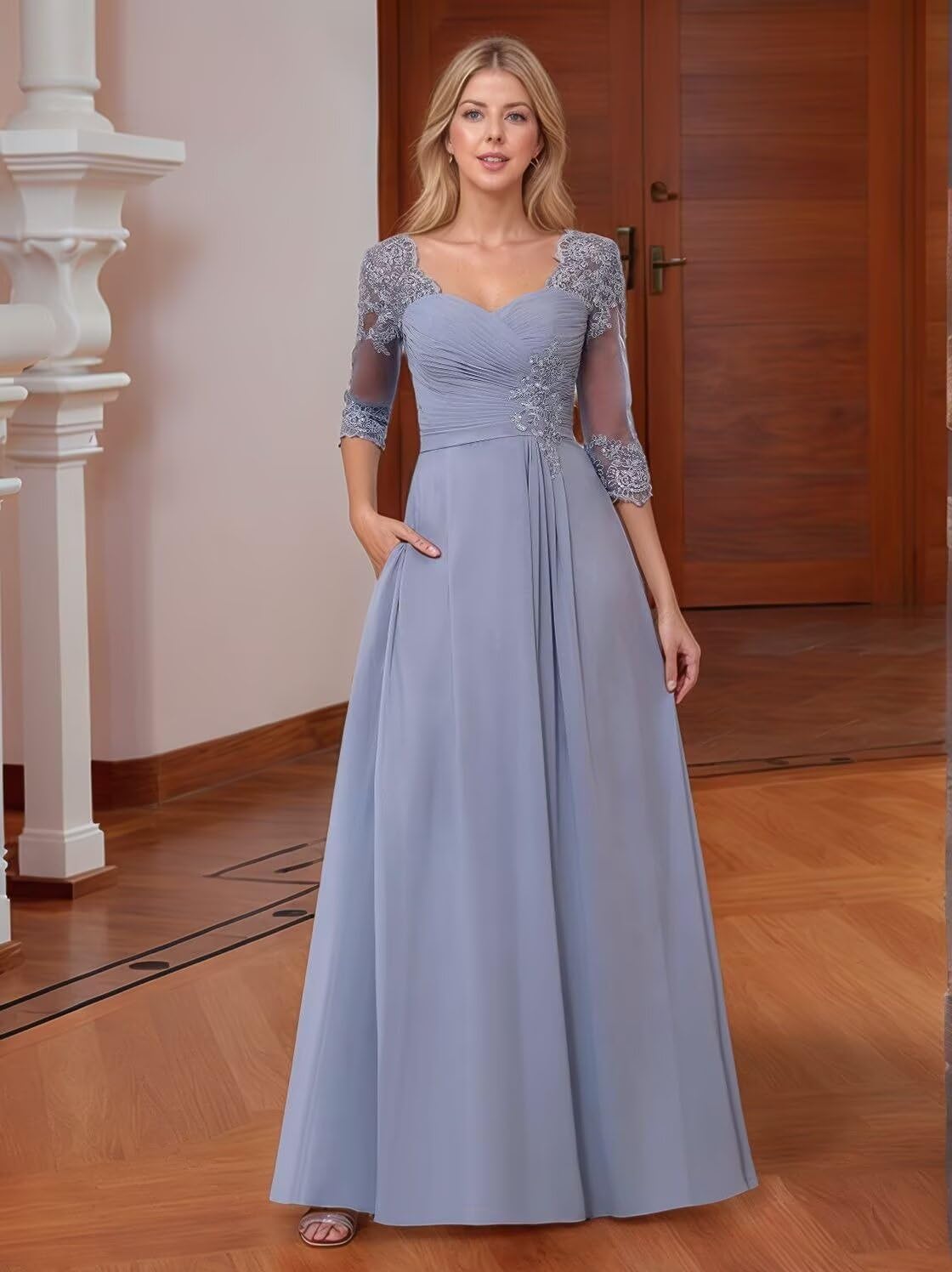 Mother of The Bride Dresses for Wedding with Sleeve Lace Appliques Chiffon Formal Gowns Backless LW154