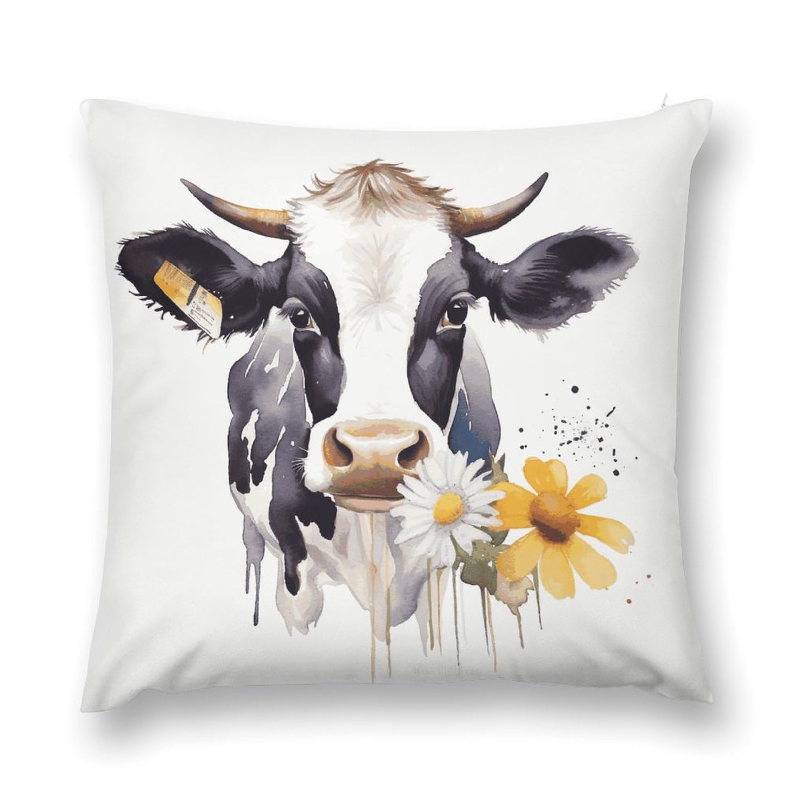 MUSM Watercolor Cow and Daisy Flower Throw Pillow Cover 24 "x24 Wrinkle&Fade Resistant Cozy Soft Plush Pillow Case Protector Double-Sided Personalized Pillowcase Pillow Shams Cushion Cover for Home