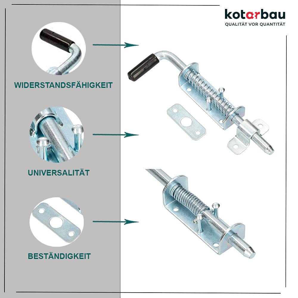 KOTARBAU® Zasuwa bramowa - 220 MM - Rygiel sprężynowy - Zamknięcie do Garażu - Blokada Bramy - Gumowy Uchwyt