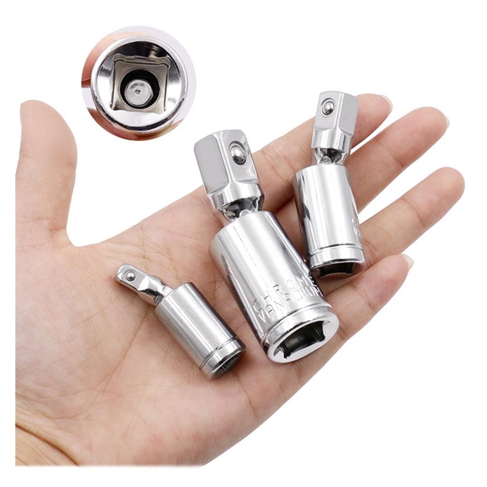 Juego de 3 Vasos de Impacto giratorios con Adaptador de Junta Universal, con accionamiento neumático de 1/4", 3/8" y 1/2", para portabrocas con Mango Hexagonal y Ranura de Cuatro Orificios Cuadrados.