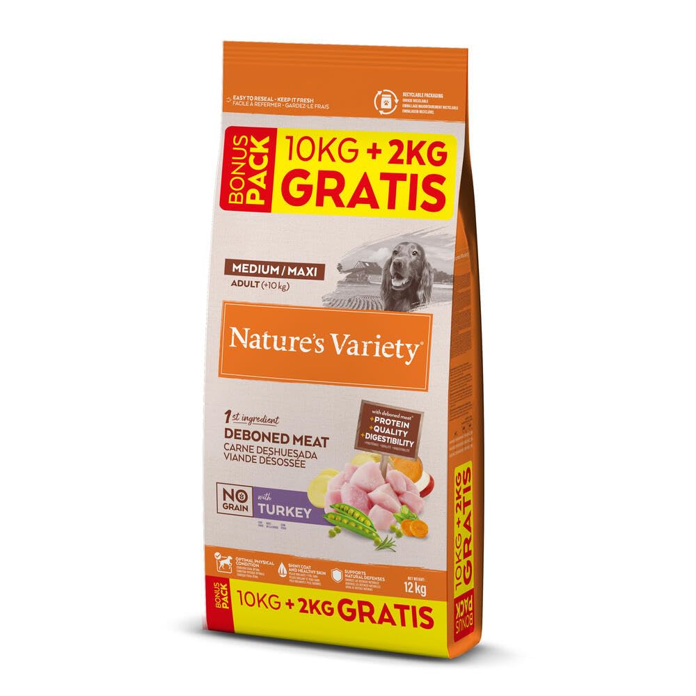Nature's Variety Pienso sin Cereales para Perros Adultos Medianos y Grandes, con Carne Deshuesada de Pavo, Bolsa de 12 kg