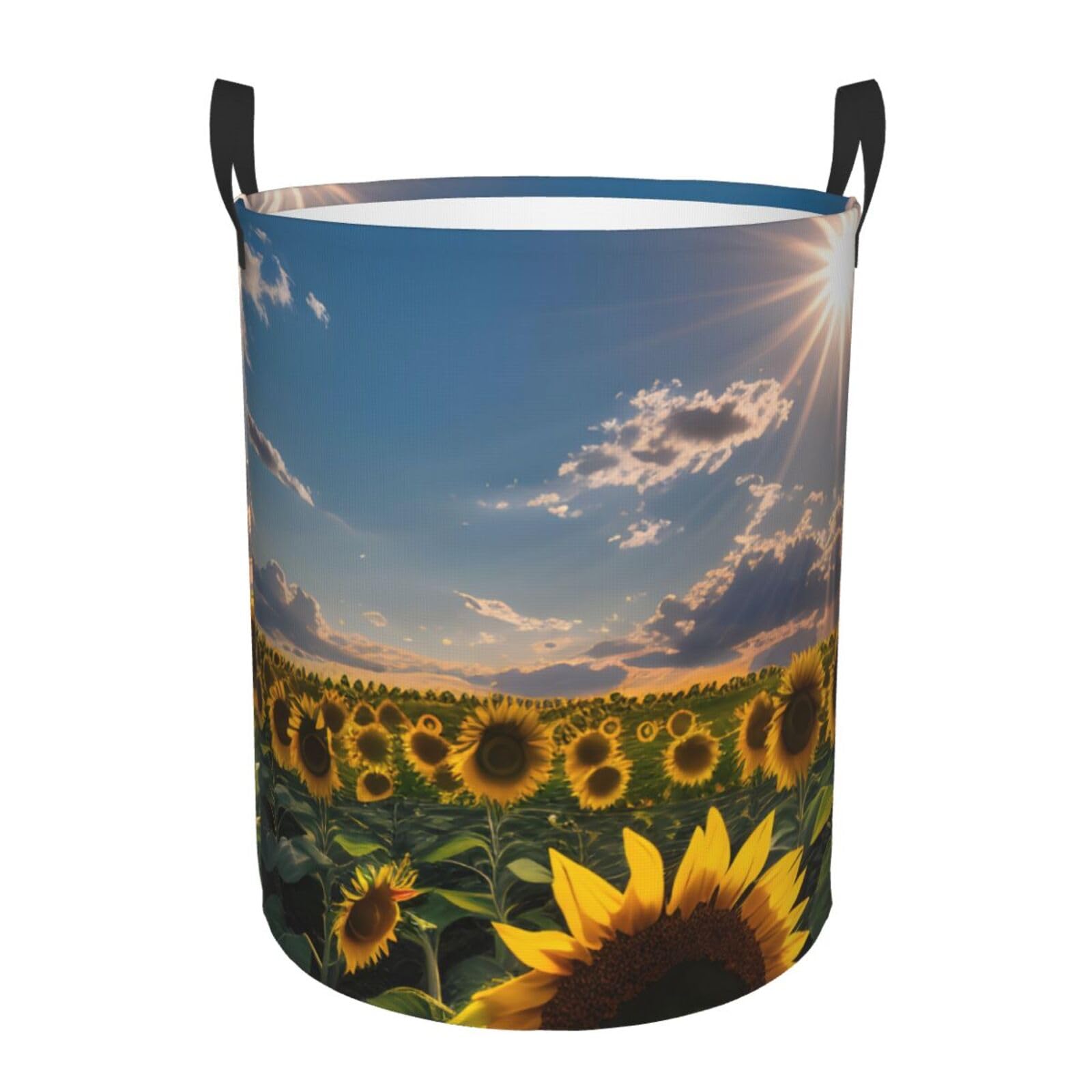 M Collapsible Laundry Hamper Round Sunflowers Sunlight Print Storage