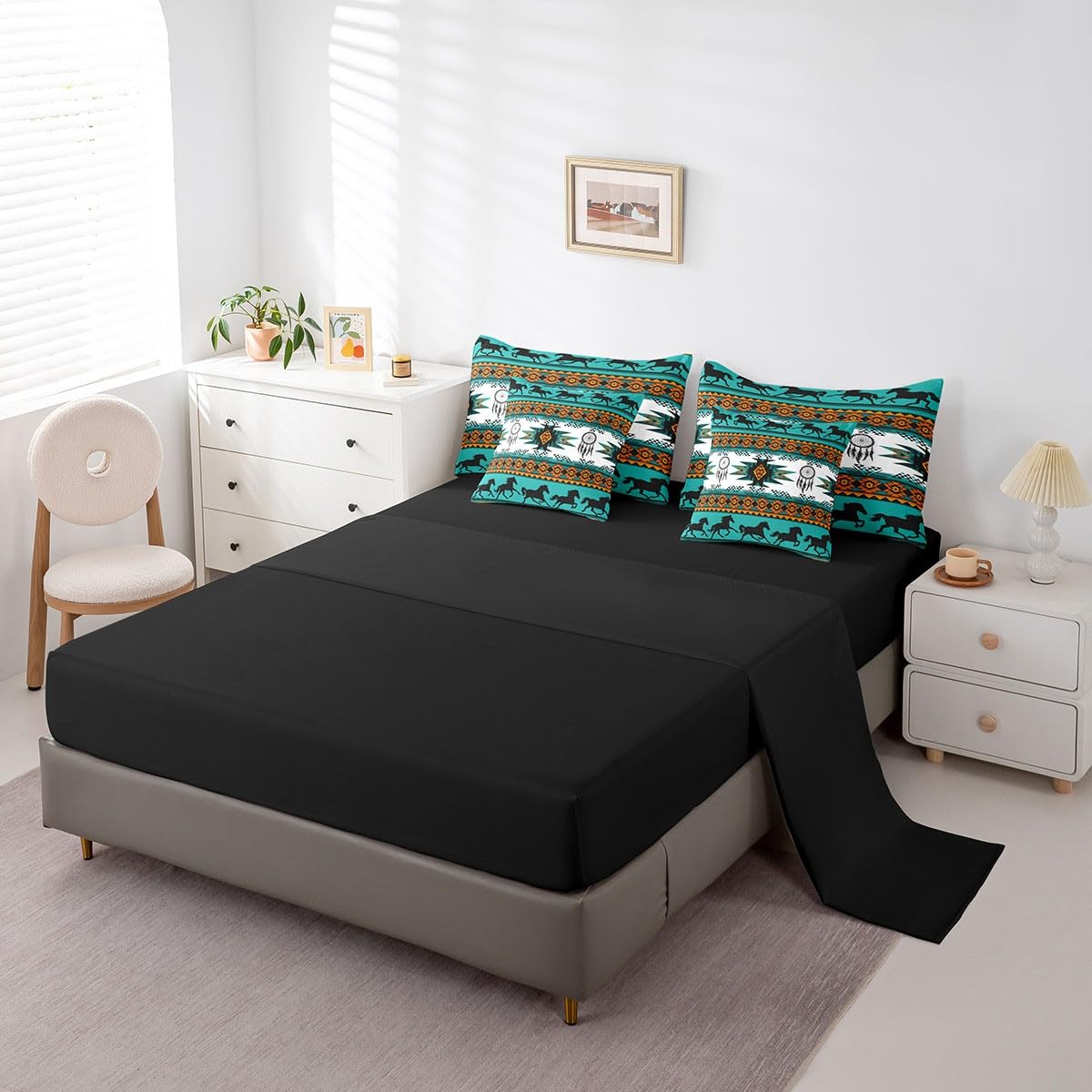 Feelyou Juego de edredón bohemio con sábanas, tamaño matrimonial, ropa de cama azteca nativa del suroeste en una bolsa, juego de ropa de cama de 7 piezas, juego de cama de caballos, decoración de