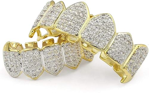 Miniatura 4 de TOPGRILLZ Dentadura Grill de diamantes, barras moldeadoras unisex de vampiro chapadas de oro de 18 qts todas cubiertas de circonitas arriba y abajo,