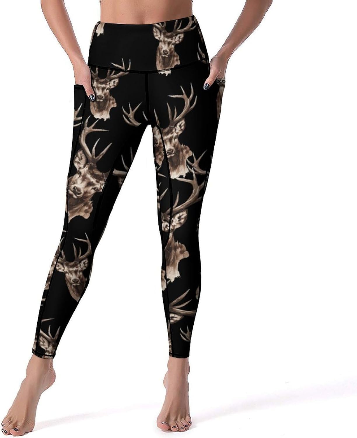 Deer with Antlers Watercolor Women's Yoga Pants Leggings with Pockets High Waist Compression Workout Pants