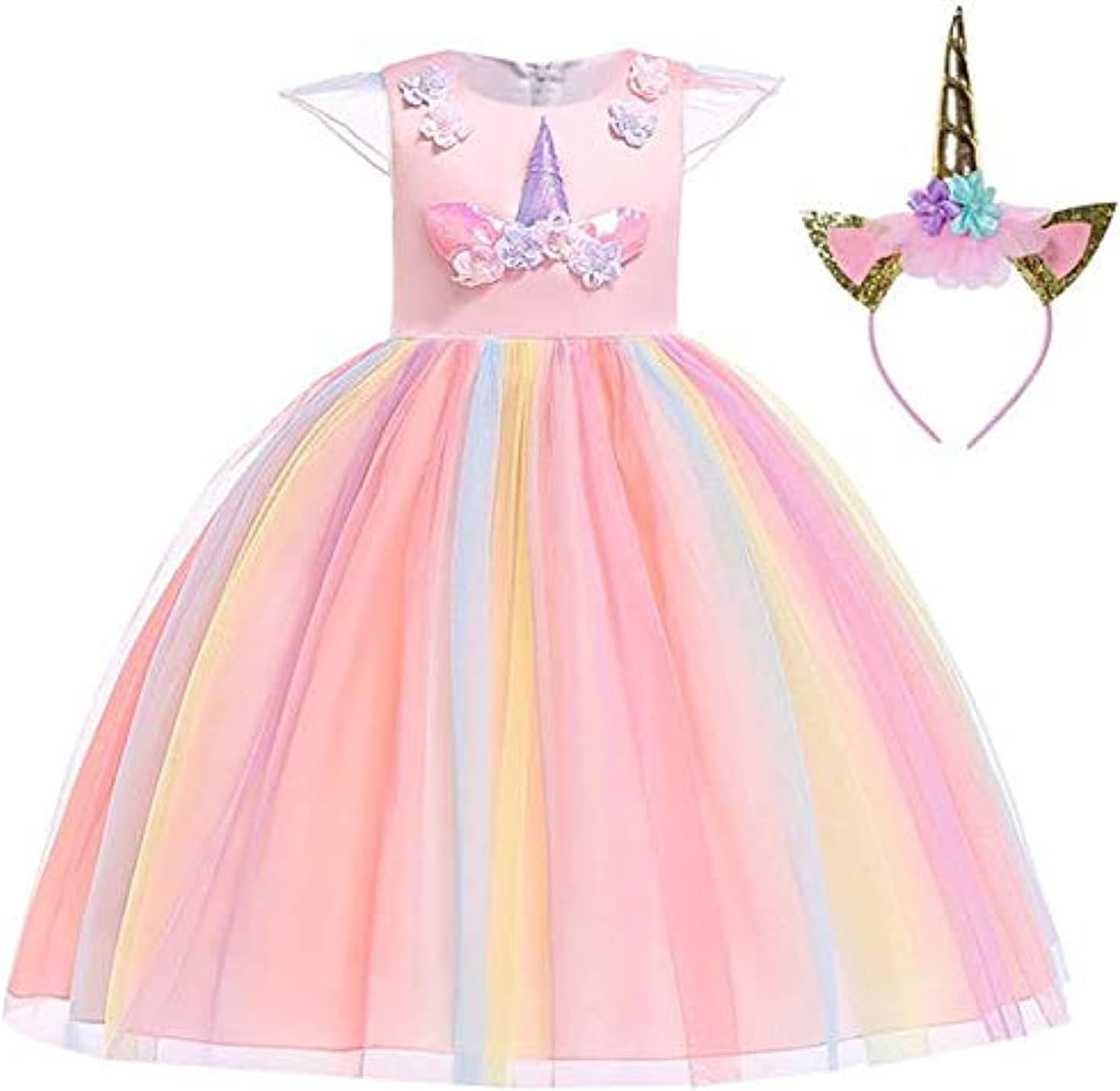 Nyganmelloz Baby Girls Rainbow Unicorn Tutu Dress Princess Fancy Birthday Pageant Party Dresses Christmas Halloween,With Headband, Pink