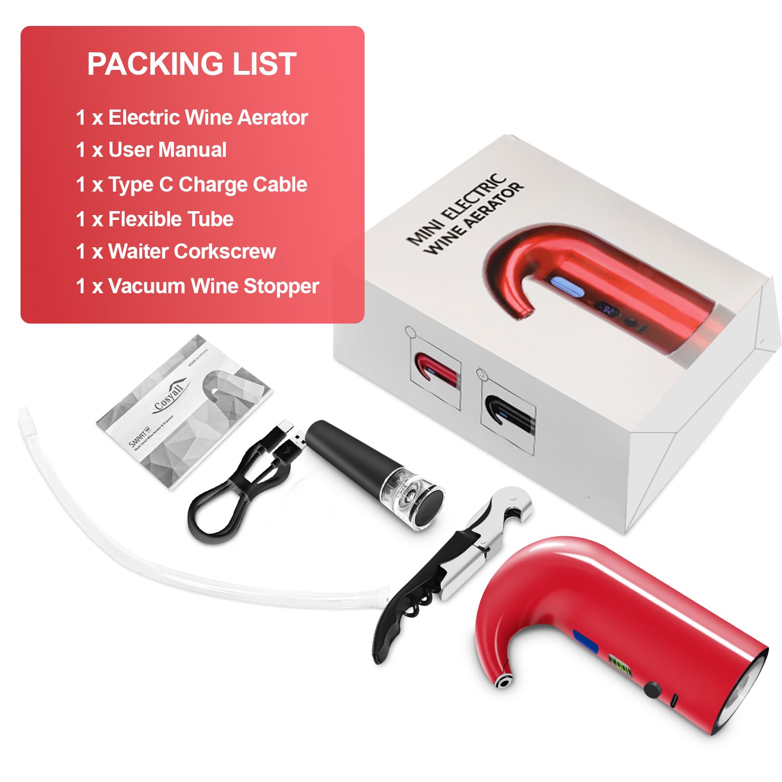 Aireador de vino eléctrico, decantador de vino automático de un solo toque para vino tinto y blanco, dispensador de vino, vertedor de vino, regalos de vino para amantes del vino (rojo) 4
