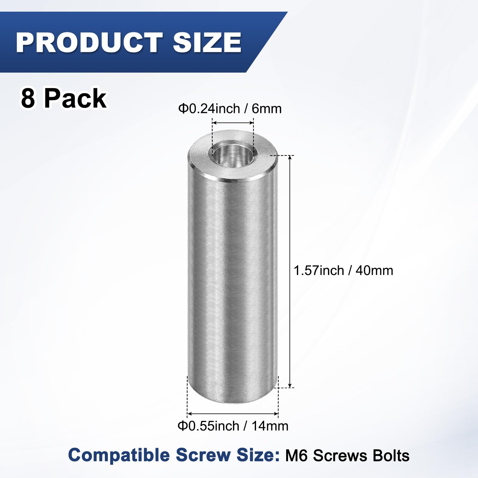 M METERXITY 8PCS M6 304 Stainless Steel Spacers 6mm ID x 14mm OD x 40mm l Metal Screw Standoff Bushing Plain Finish Round Spacer 304 Stainless Steel for Screws Bolts Silver - Image 3