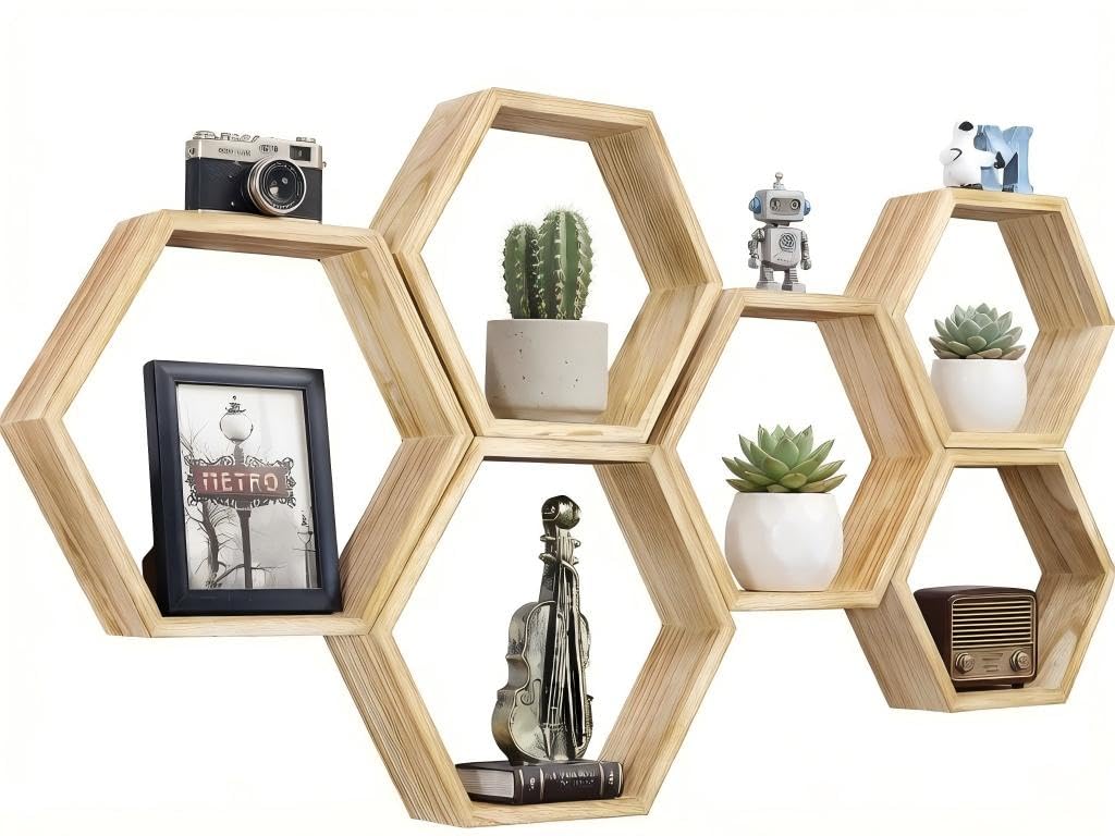 Hexagon Floating Shelves Set of 6 Farmhouse Honeycomb Wall Storage Shelf Wood Display Hexagonal Shelves Wall Mounted Hanging Rustic Shelf Racks for Bedroom Living Room Hallway Office Decor, Natural