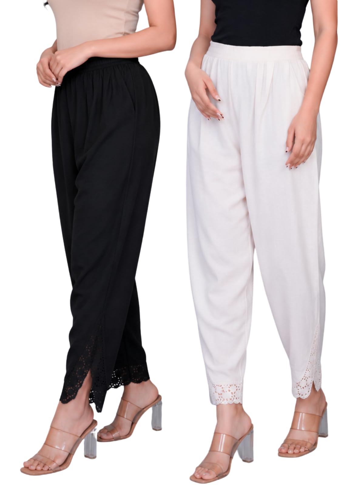 leriya fashion Trousers for Women | Cotton Ethnic Palazzo Pants with Lace Embroidery | Elastic Waist Wide Leg Casual Women Trousers | Comfortable Summer Woman Trouser Pants-picture-29