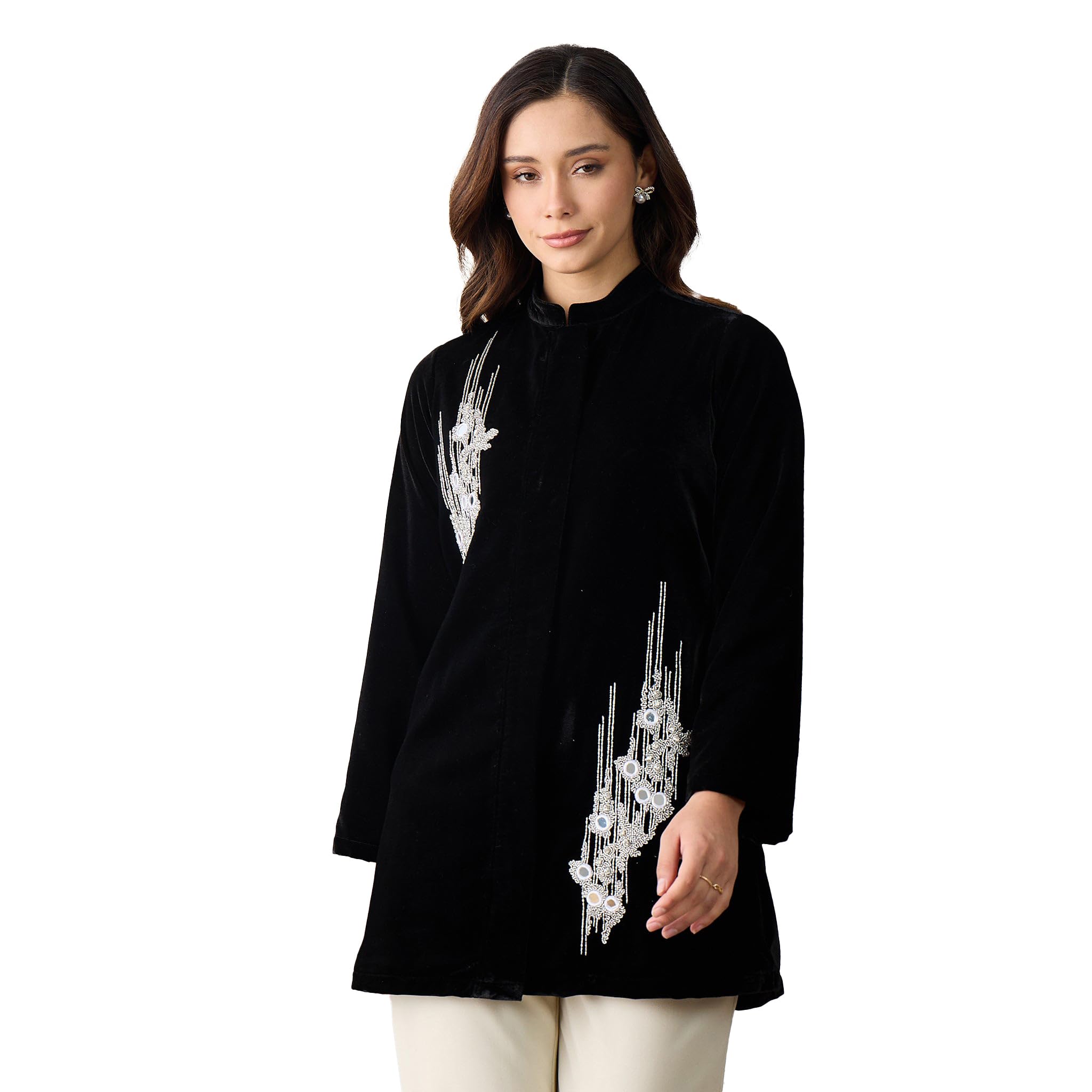 first resort Black Abstract Motif Hand Embroidered Velvet Jacket-picture-29