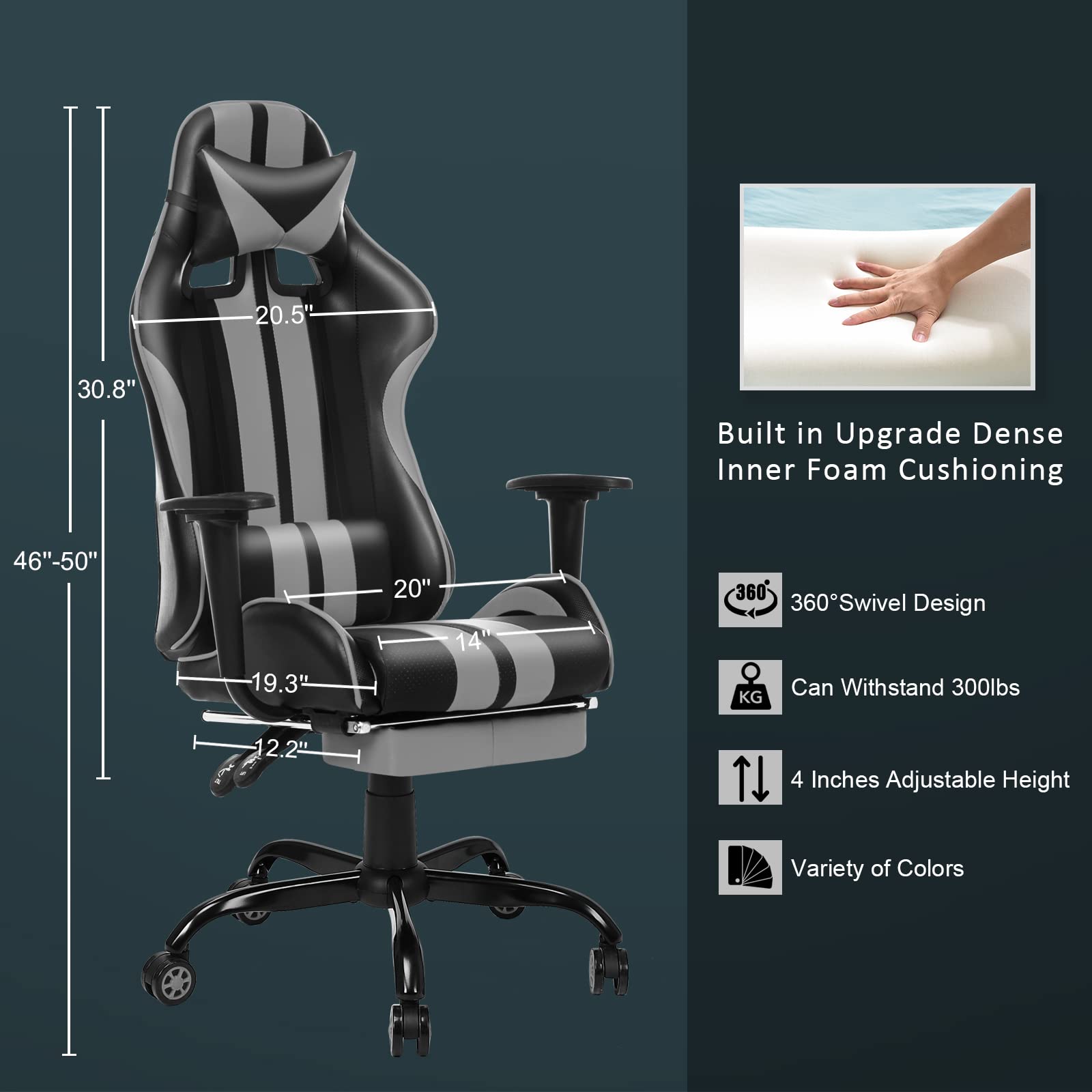 Ferghana Gaming Chairs Grey with Footrest,PC Gaming