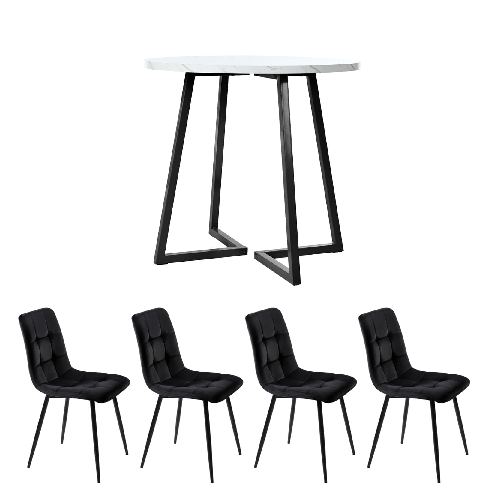 PUGSDRLY Table a Manger 80x80x75cm avec 4 Chaises,Table Ronde et Chaises en Velours,Pieds en Métal,Ensemble de Salle à Manger Moderne pour 4 Personnes (Noir+Noir-A)