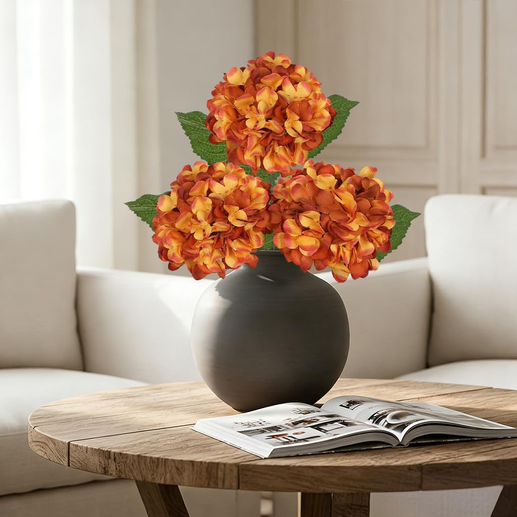 Hollyone 3Pcs Orange Hydrangea Artificial Flowers 28.7" Real Touch Large Faux Silk Hydrangeas Flowers with Stems Fake Flower for Home Wedding Floral Arrangement Centerpiece Table Vase Fall Decor