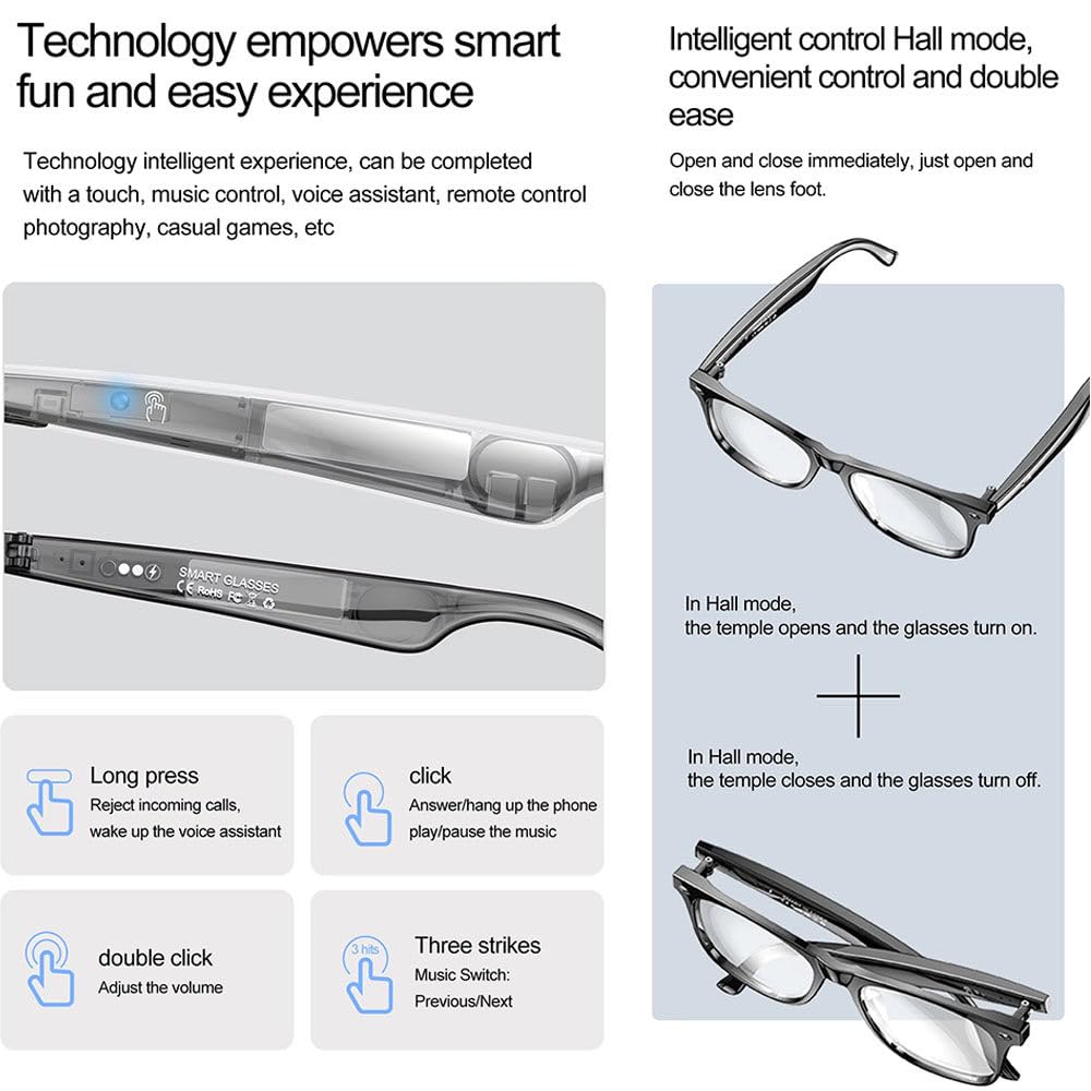 Occhiali intelligenti con Bluetooth, 160+ lingue, blocco della luce blu, assistente AI, auricolari aperti, occhiali audio