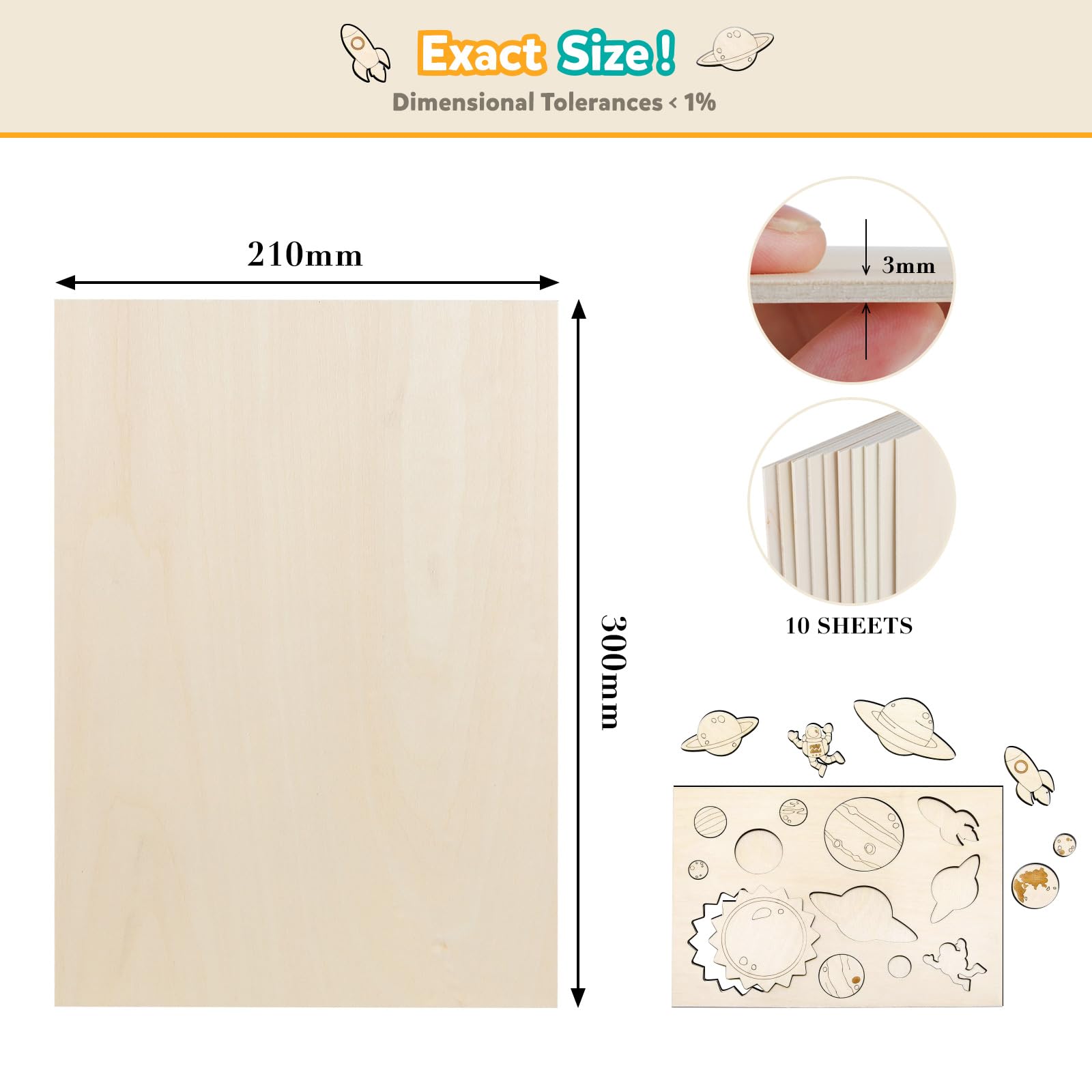 SWAWIS 10 Piezas A4 Maderas para Bricolaje, 300 * 210mm Tablero Madera, Tablero Contrachapado 3mm, Basswood Contrachapado Para Corte por Laser Modelado Pintura Pirograbado