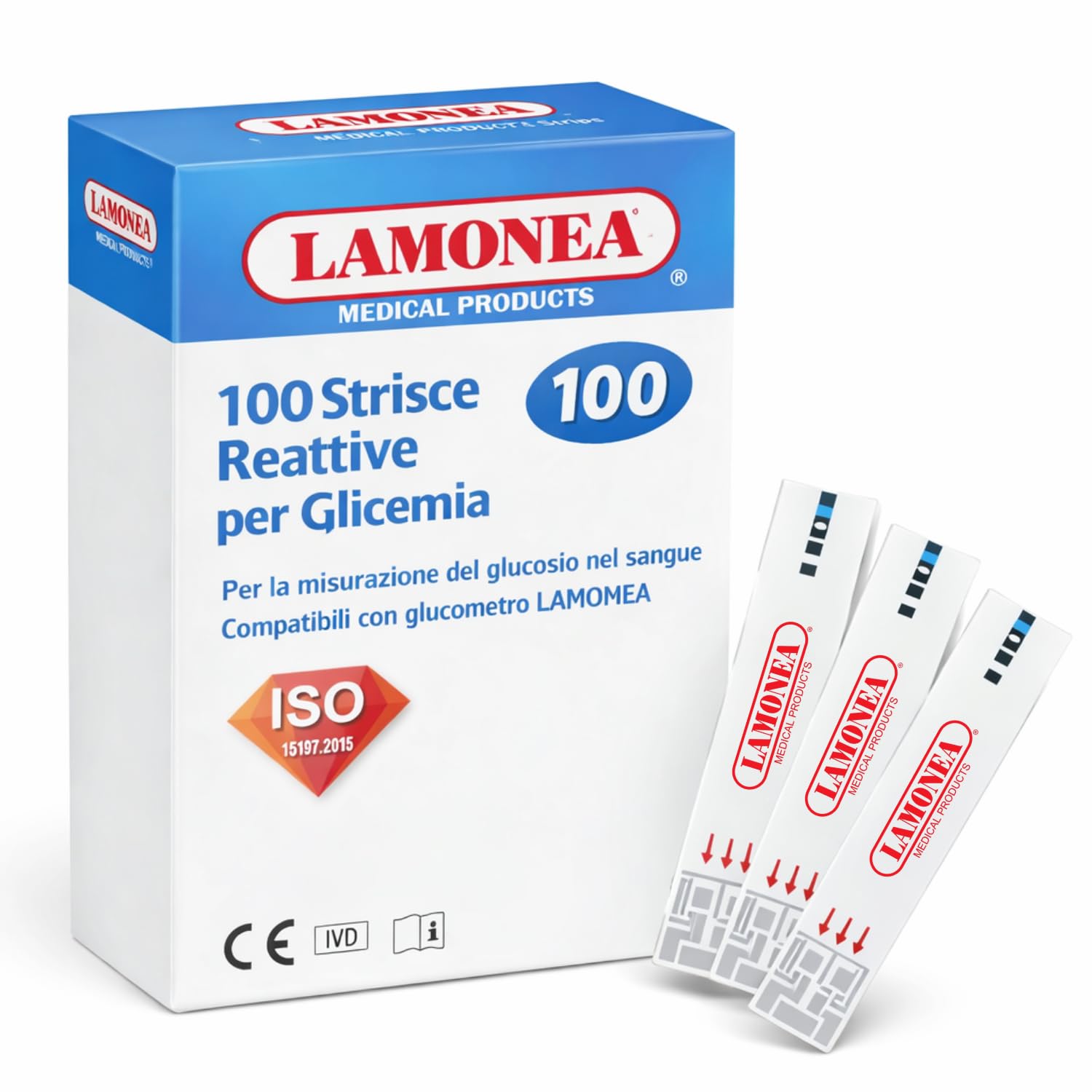 100 Strisce Reattive per Glicemia, Certificate CE - Strisce per Misurazione del Glucosio nel Sangue Intero, Compatibili con Glucometro LAMONEA, Dispositivo Medico IVD (Strisce Reattive)
