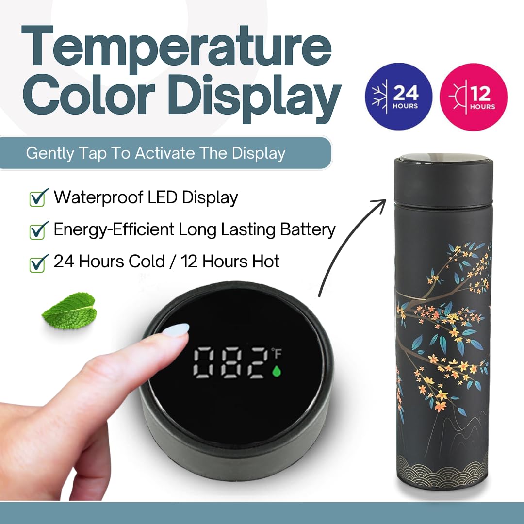 Farasi Tea Infuser for Loose Leaf Tea Smart Water Bottle with Fahrenheit Temperature Display, Stainless Steel, Insulated Coffee and Fruit Tea Infuser Bottle - Floral Tea Mug 15 oz: Black