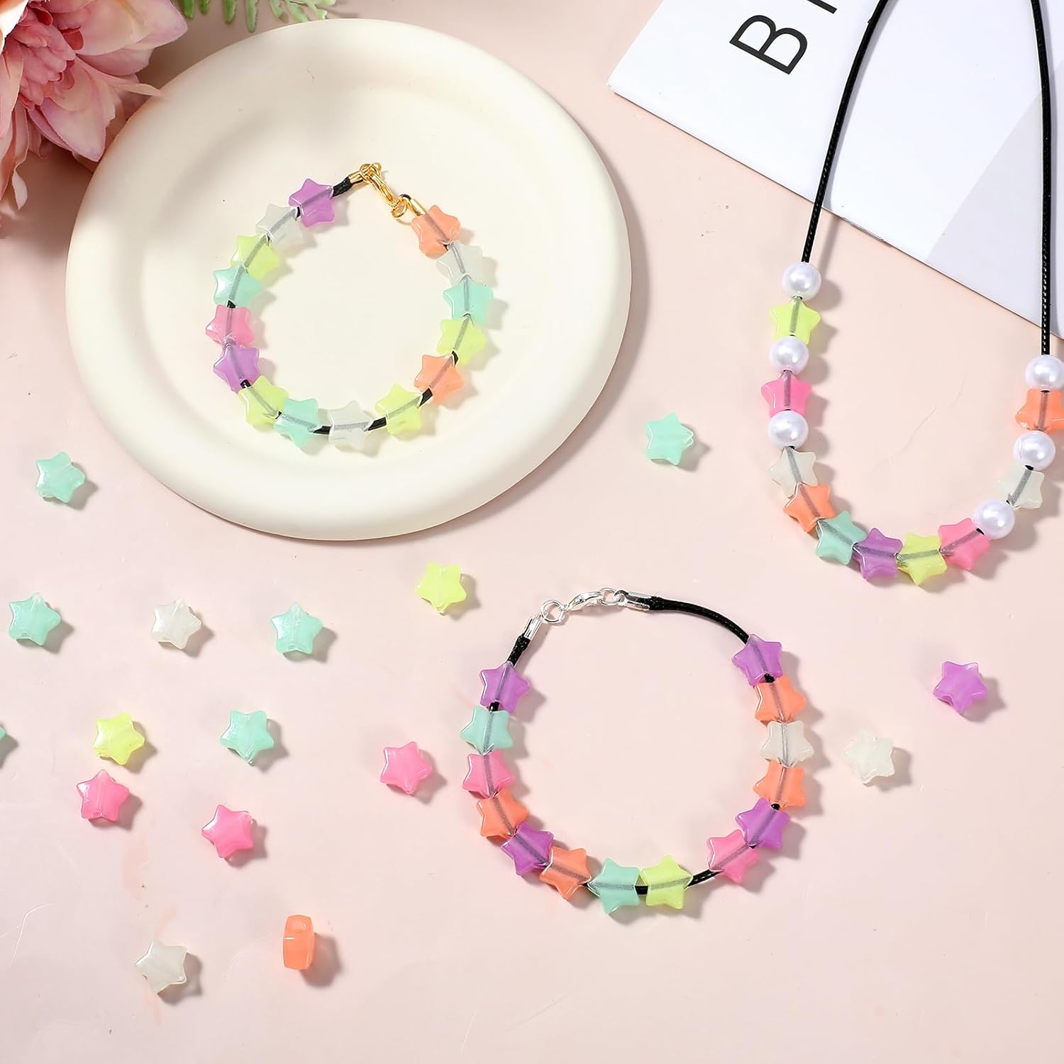 100 Pcs Glow in The Dark Star Beads, 13mm Colored Luminous Star Beads, Acrylic Stars Pony Bead Bulk for Bracelets Making Necklace Hair Braids Earring Keychains DIY String Craft Projects - Image 4