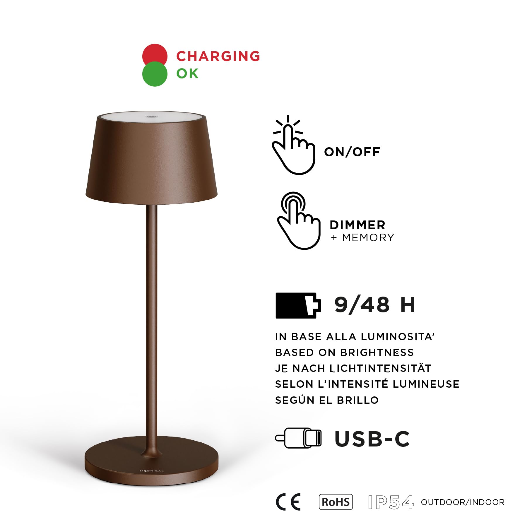 Madrigal Stilosa XL Lampada da Tavolo Senza Fili - Abat Jour Led Ricaricabile Scrivania e Comodino di Design - Lume Touch USB C - Luce Wireless Salotto - Dimmerabile - Lampade Ristorante - Bronzo