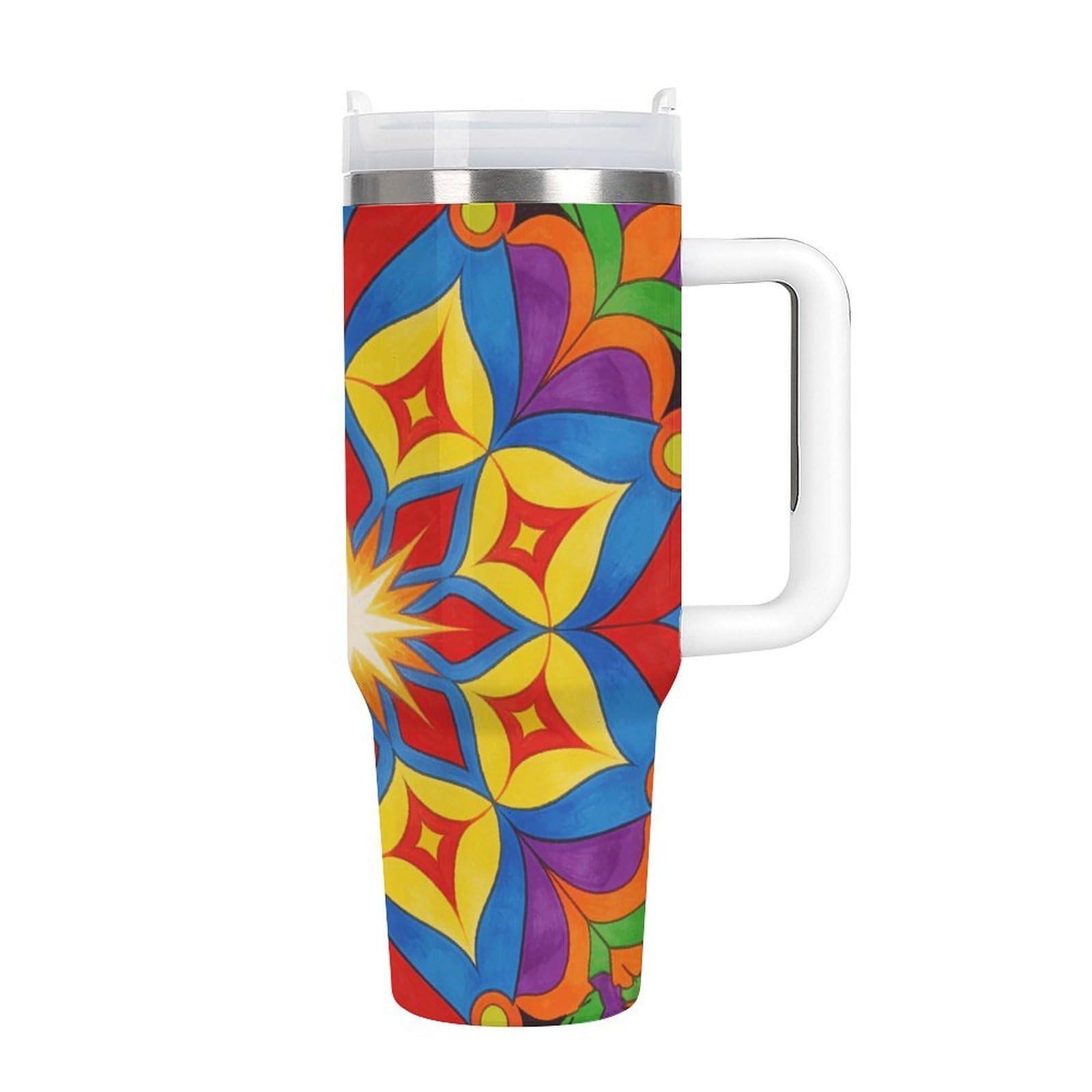 Tazza da caffè da viaggio con mandala colorato, in acciaio inossidabile, tazza da caffè con coperchio e cannuccia, tazza con manico, grande capacità, doppia parete, sottovuoto, a prova di