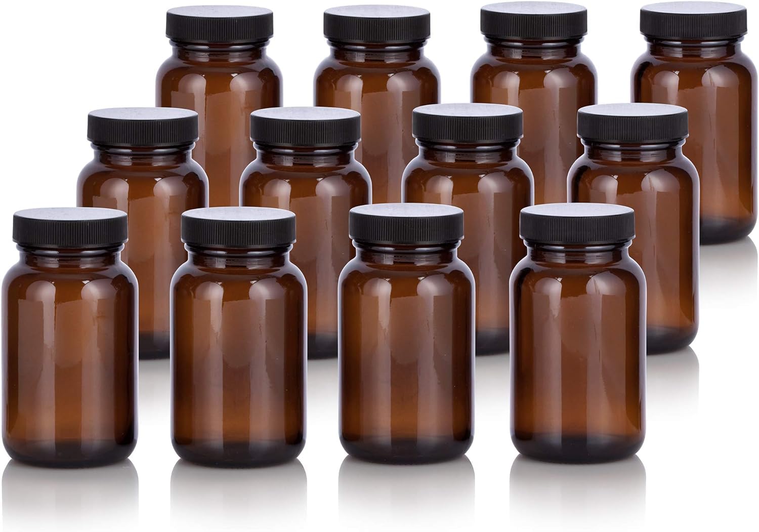 JUVITUS 8 oz Amber Glass Wide Mouth Packer Bottle with Black Ribbed Lid Air Tight (12 Pack)