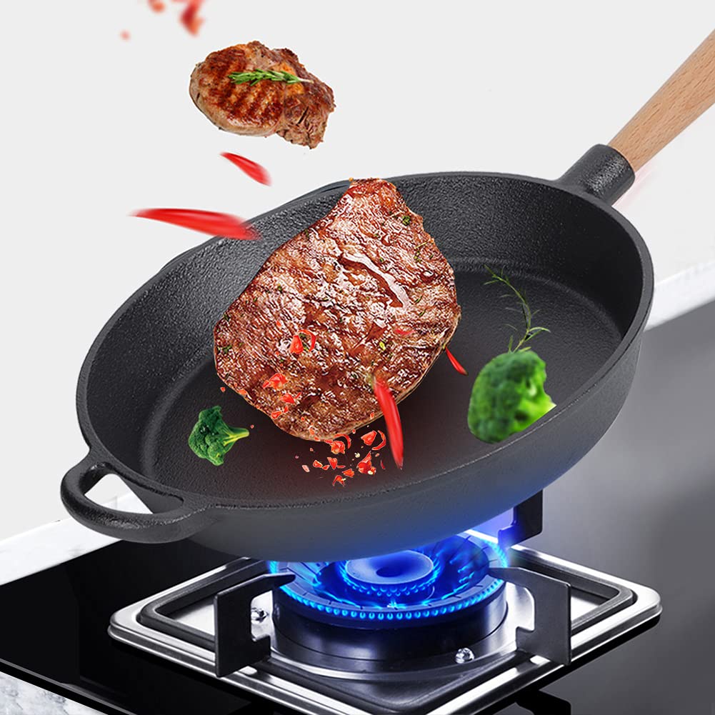 FLEXMAN Skillet Z Żeliwa, Wielofunkcyjna Patelnia do Smażenia Z Żeliwa Z Drewnianym Uchwytem, Patelnia do Gotowania Steków do Pieczenia, Grilla, Pieczenia, Duszenia, Smażenia
