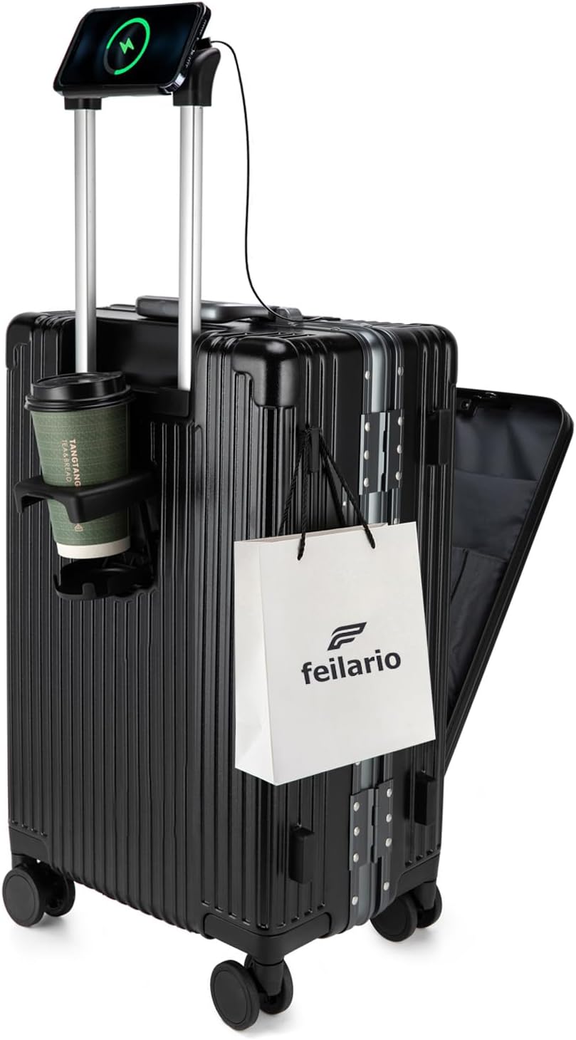 feilario Aluminium Frame PC Hard Shell Spinner Wheels Luggage,20.8"X15"X8.7 Airline Approved Built-In TSA lock Carry on Suitcase, with Cup Holder, USB Port, Phone Holder