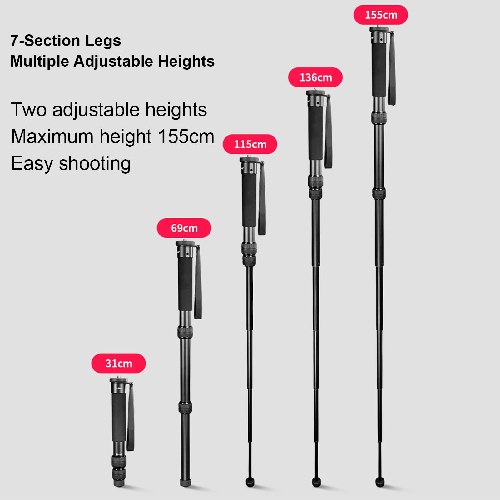 Cryfokt Soporte monopié para Cámara, monopié Extensible para Cámara de 61 Pulgadas, Altura de 7 Secciones, monopié Portátil de Viaje, Accesorios de Fotografía con Correa para la