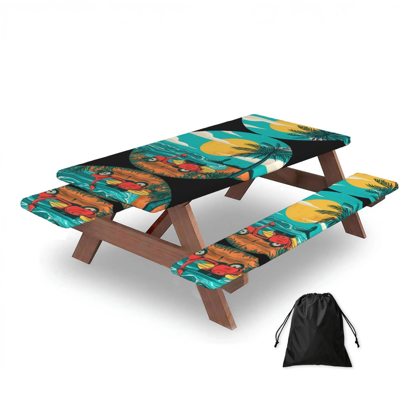 ESNAIUVCD Sunset Beach Palm Tree Print Picnic Table Cover With Bench Covers,Camping Essentials,Fitted Tablecloth Cover With Elastic Edge, For Indoor & Outdoor 3 Pcs