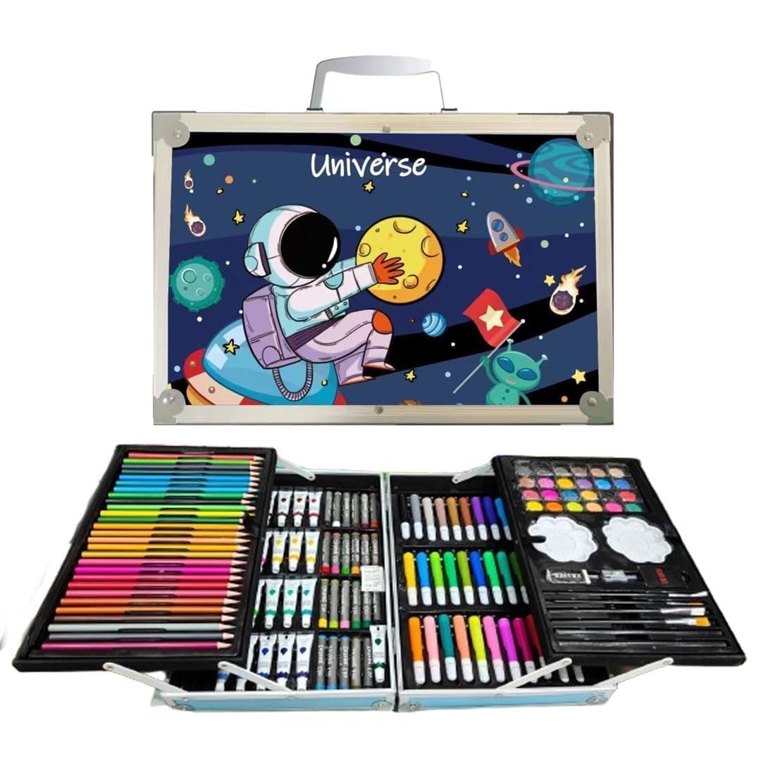 OBIXO Art Set kitchan with 145 Pieces, Drawing Set with Feathers, Colors, Paints, Aquarelles and Crayolas, Painting Kit with Portable Organizer Case in Pink Briefcase Shape (Blue Space)