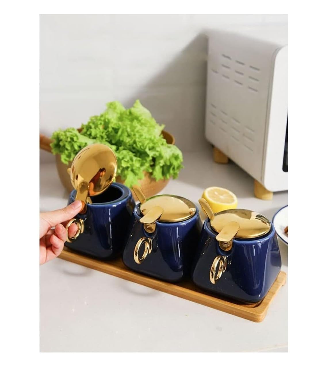 AZHKJKZH Seasoning Box Set Ceramic Condiment Container Set Spice Box With Spoon Lid And Tray Seasoning Bowl For Kitchen Restaurant Salt Sugar Jar(E)